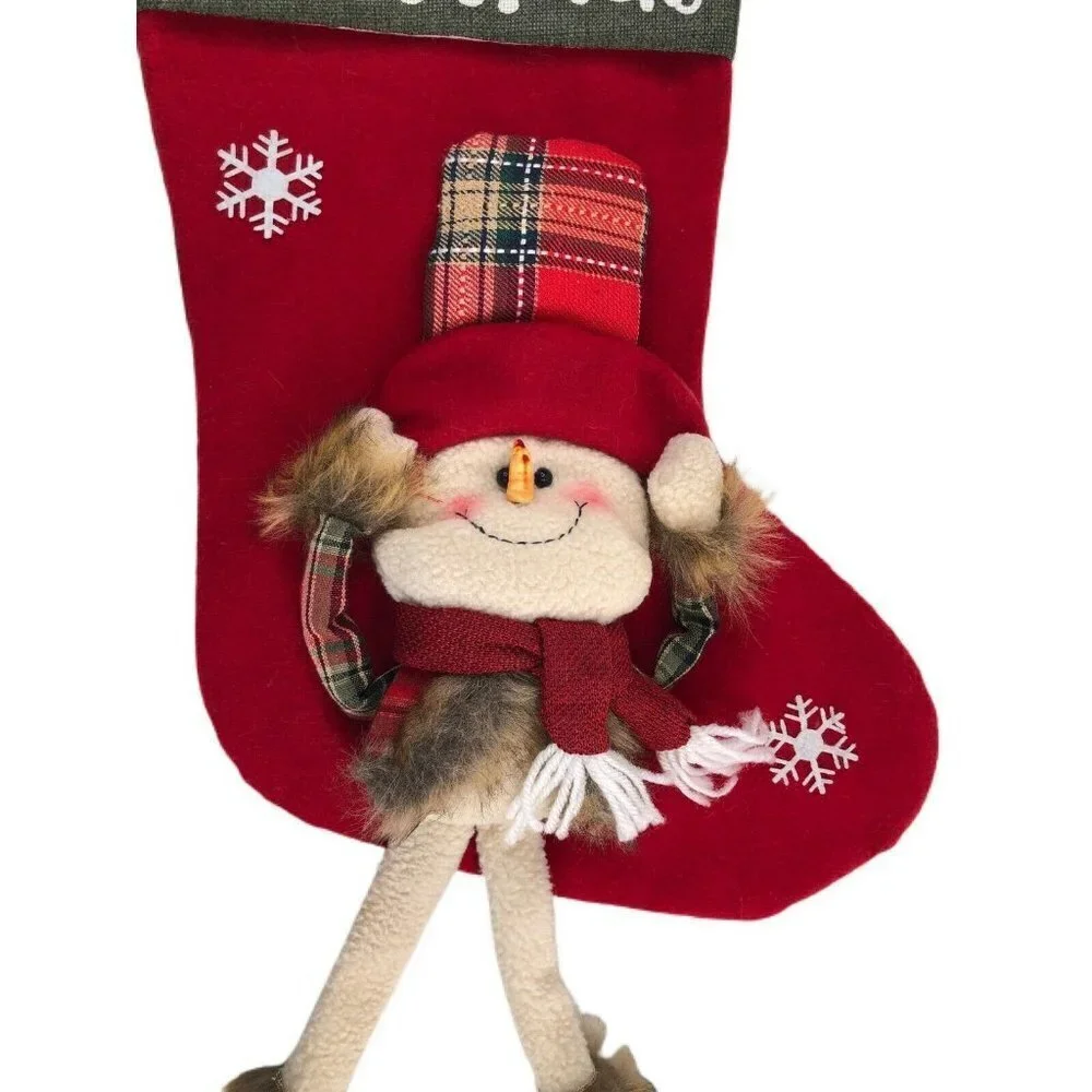 Handmade Christmas Stocking Farmhouse Snowman Plaid & Fur Felt & Canvas